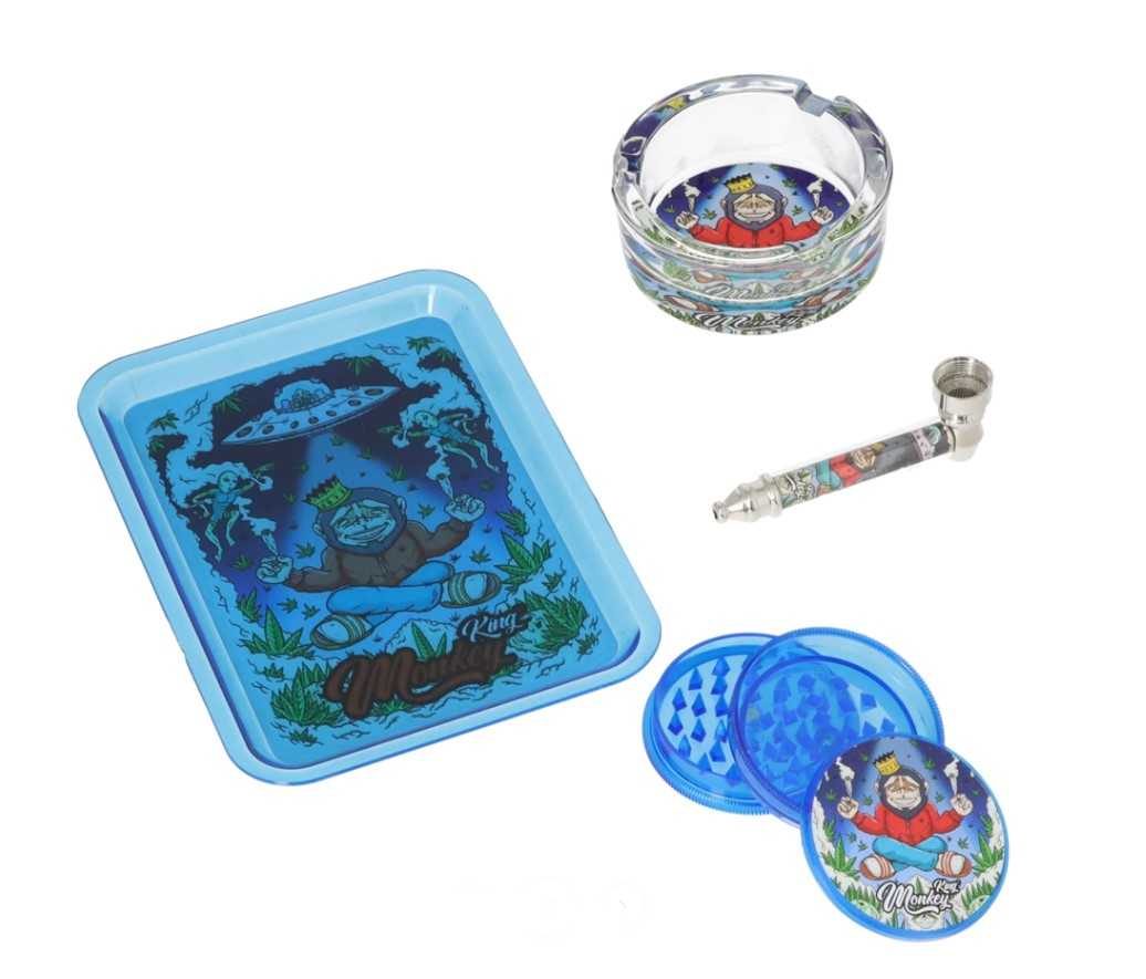 Monkey King készlet – Dohányörlő + Fémpipa + Hamutartó + Rolling Tray - kék